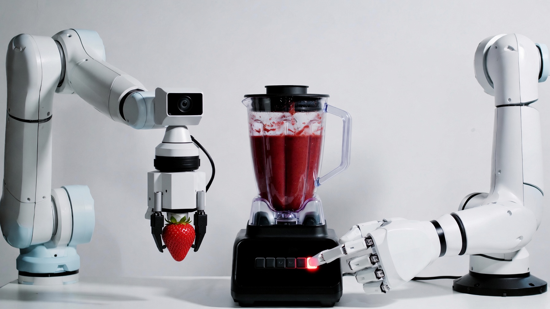 Robots operating blender with strawberry